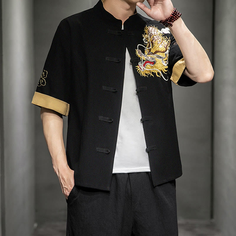 Nimara Ritual Frog-Button Chinese Dragon Auspicious Cloud Embroidery Half Sleeve Shirt Cotton Linen Men Clothing