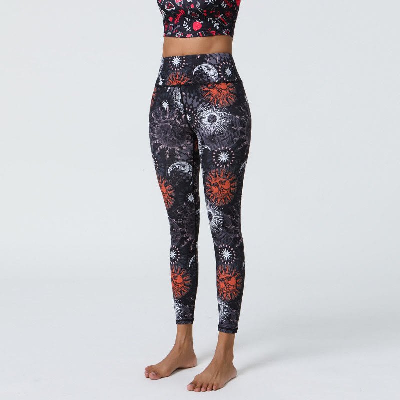 Nimara Ritual Flowers Feathers Sun Moon Print Sports Fitness Yoga High Waist Leggings Women's Pants