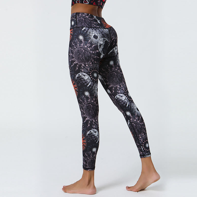 Nimara Ritual Flowers Feathers Sun Moon Print Sports Fitness Yoga High Waist Leggings Women's Pants