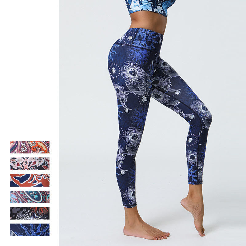 Nimara Ritual Flowers Feathers Sun Moon Print Sports Fitness Yoga High Waist Leggings Women's Pants