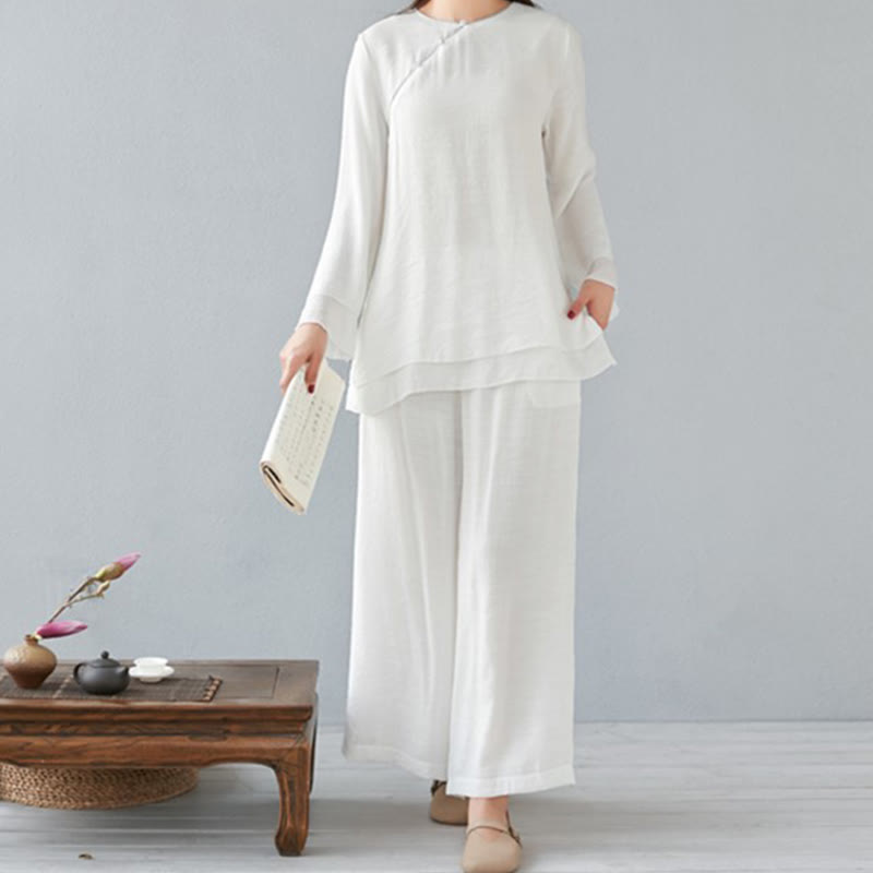 Nimara Ritual 2Pcs Three Quarter Sleeve Long Sleeve Shirt Wide Leg Pants Meditation Cotton Linen Clothing Women's Set