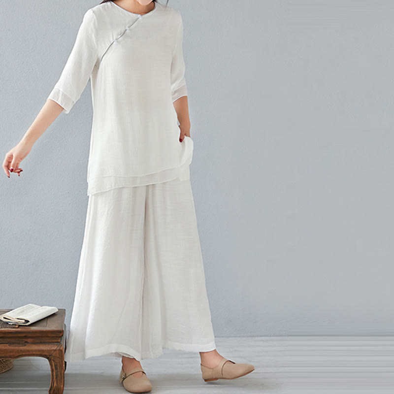 Nimara Ritual 2Pcs Three Quarter Sleeve Long Sleeve Shirt Wide Leg Pants Meditation Cotton Linen Clothing Women's Set