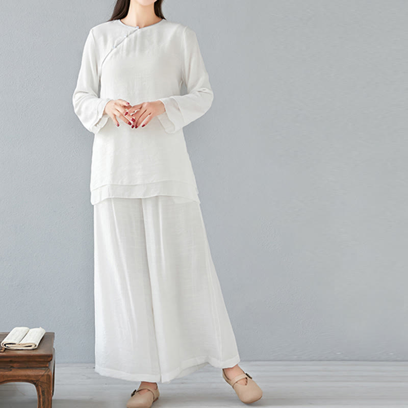 Nimara Ritual 2Pcs Three Quarter Sleeve Long Sleeve Shirt Wide Leg Pants Meditation Cotton Linen Clothing Women's Set