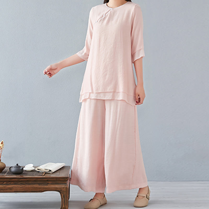 Nimara Ritual 2Pcs Three Quarter Sleeve Long Sleeve Shirt Wide Leg Pants Meditation Cotton Linen Clothing Women's Set