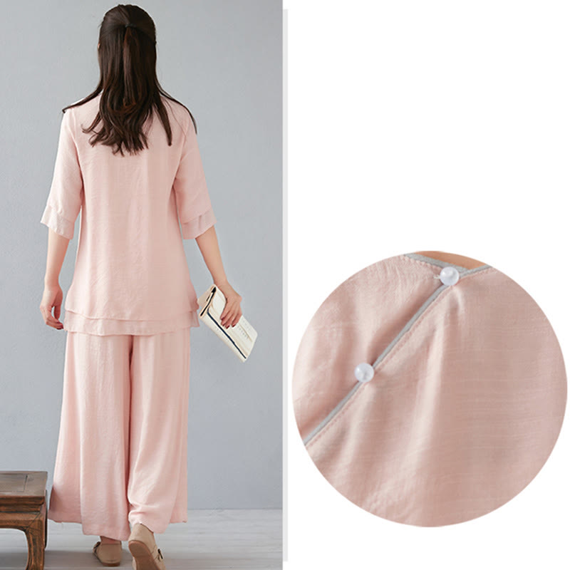 Nimara Ritual 2Pcs Three Quarter Sleeve Long Sleeve Shirt Wide Leg Pants Meditation Cotton Linen Clothing Women's Set
