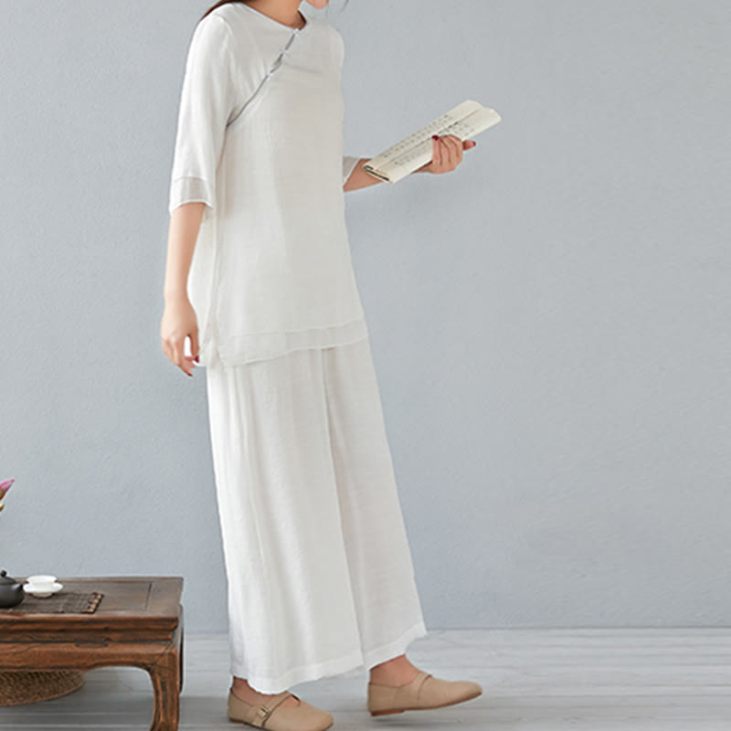 Nimara Ritual 2Pcs Three Quarter Sleeve Long Sleeve Shirt Wide Leg Pants Meditation Cotton Linen Clothing Women's Set