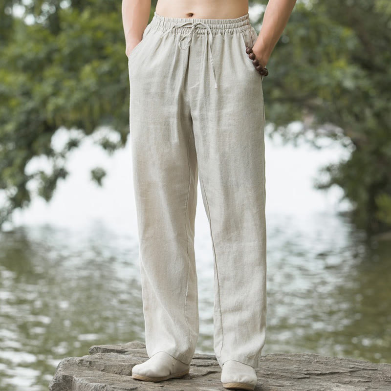 Nimara Ritual Solid Color Cotton Linen Men's Wide Leg Pants With Pockets
