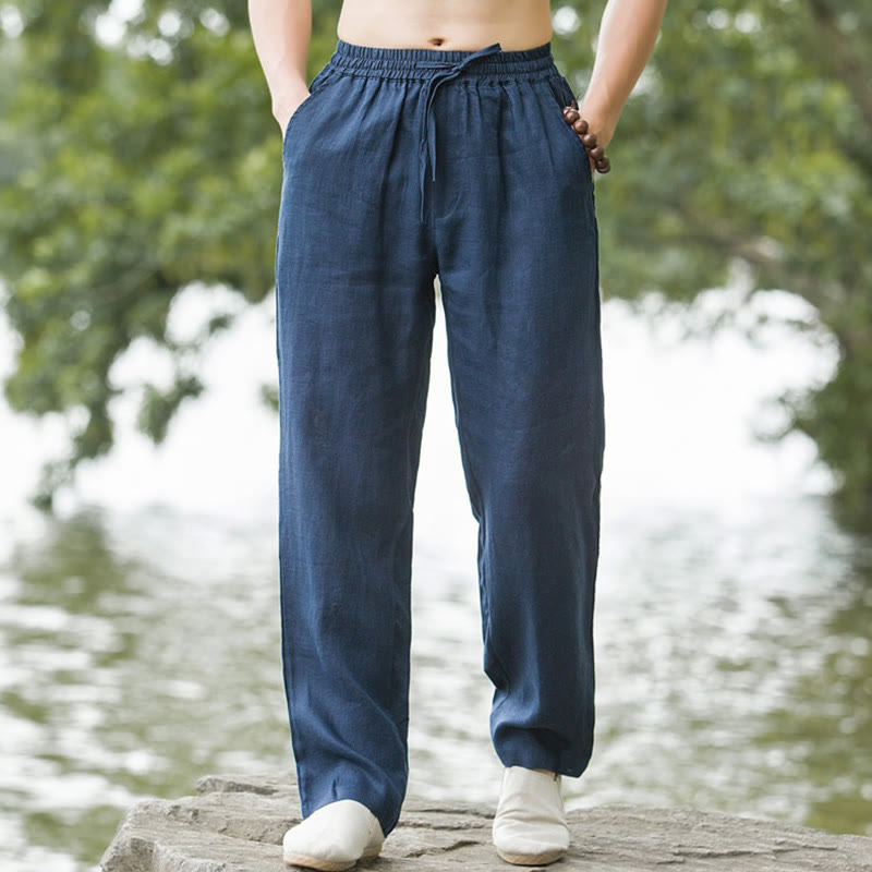 Nimara Ritual Solid Color Cotton Linen Men's Wide Leg Pants With Pockets