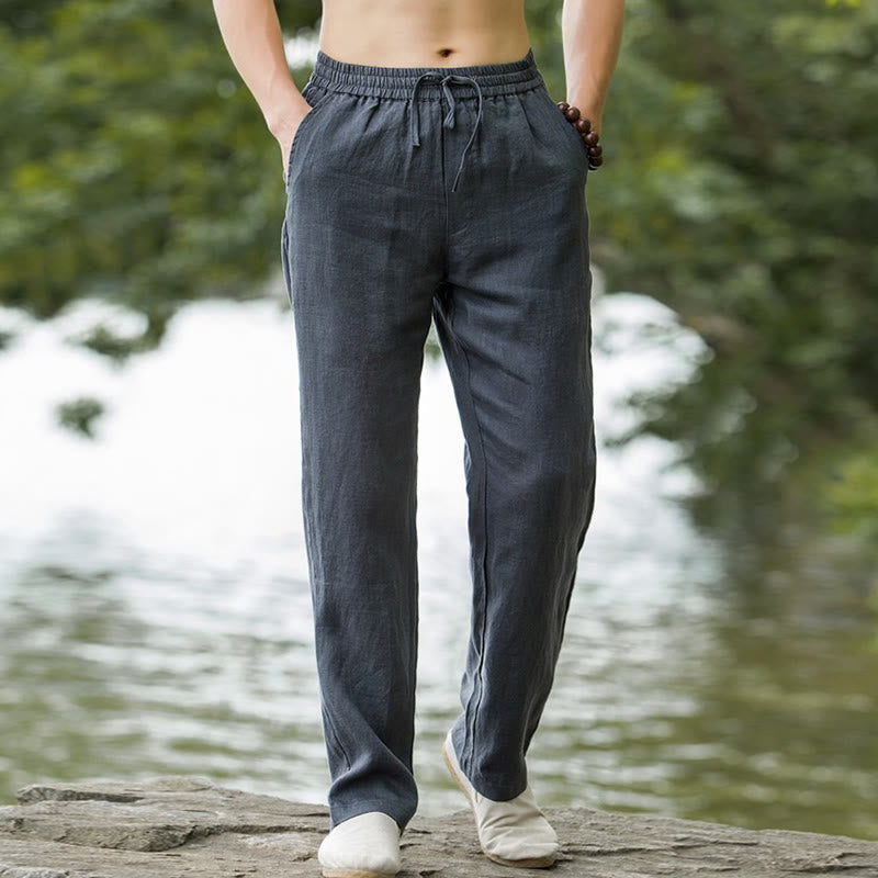 Nimara Ritual Solid Color Cotton Linen Men's Wide Leg Pants With Pockets