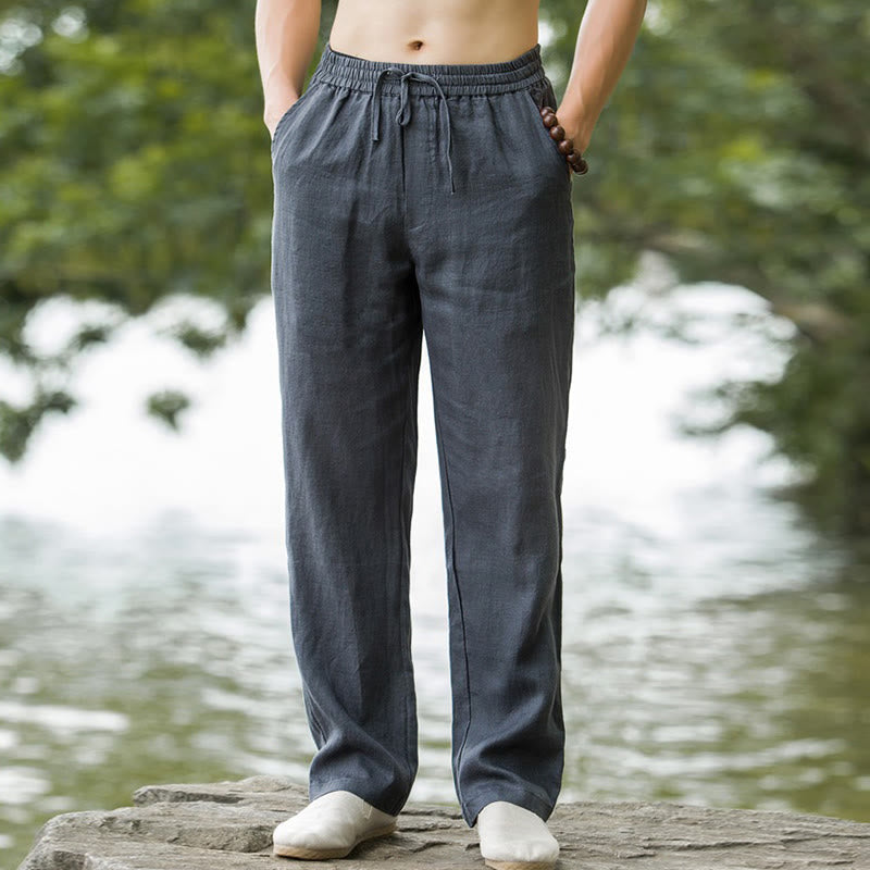 Nimara Ritual Solid Color Cotton Linen Men's Wide Leg Pants With Pockets