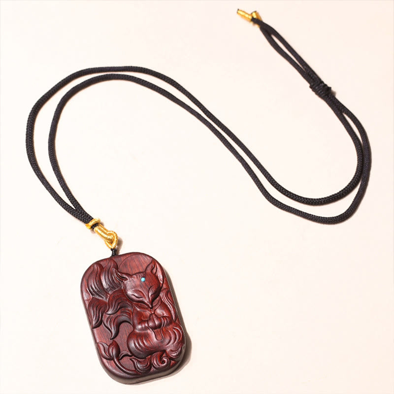 Nimara Ritual Small Leaf Red Sandalwood Nine Tailed Fox Pattern Longevity Necklace Pendant