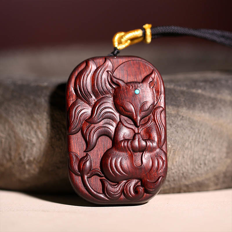 Nimara Ritual Small Leaf Red Sandalwood Nine Tailed Fox Pattern Longevity Necklace Pendant