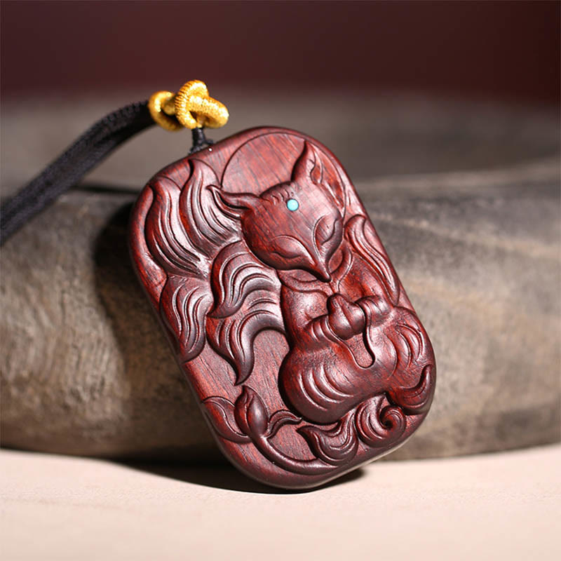 Nimara Ritual Small Leaf Red Sandalwood Nine Tailed Fox Pattern Longevity Necklace Pendant
