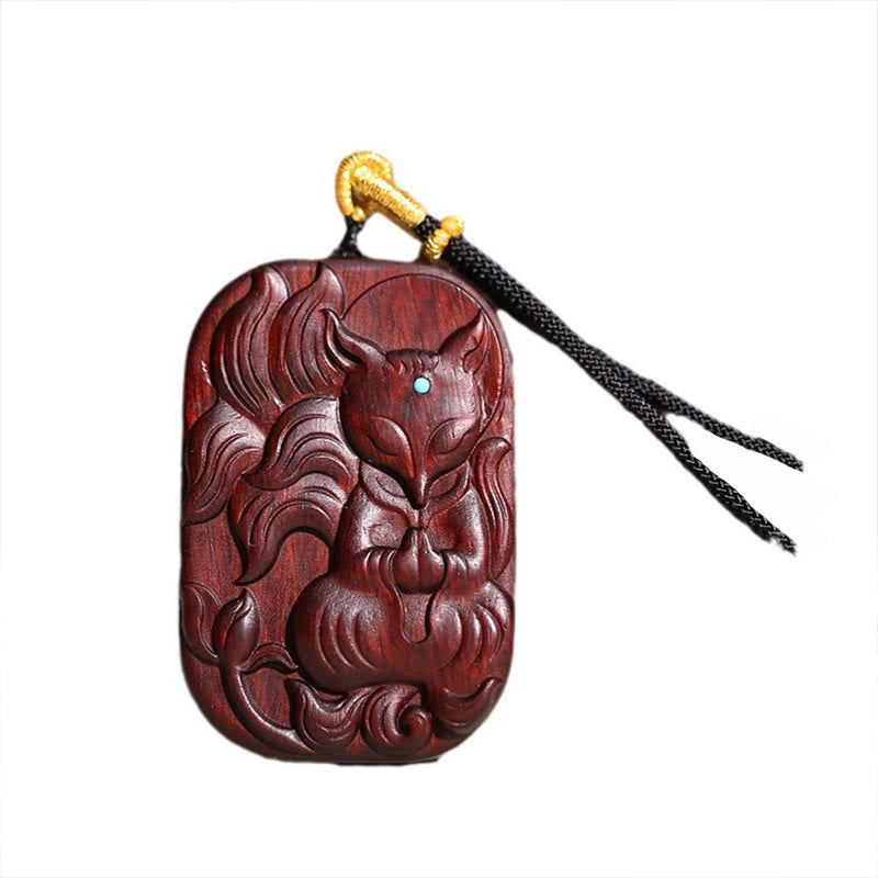 Nimara Ritual Small Leaf Red Sandalwood Nine Tailed Fox Pattern Longevity Necklace Pendant