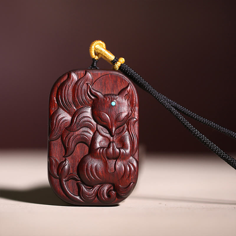 Nimara Ritual Small Leaf Red Sandalwood Nine Tailed Fox Pattern Longevity Necklace Pendant