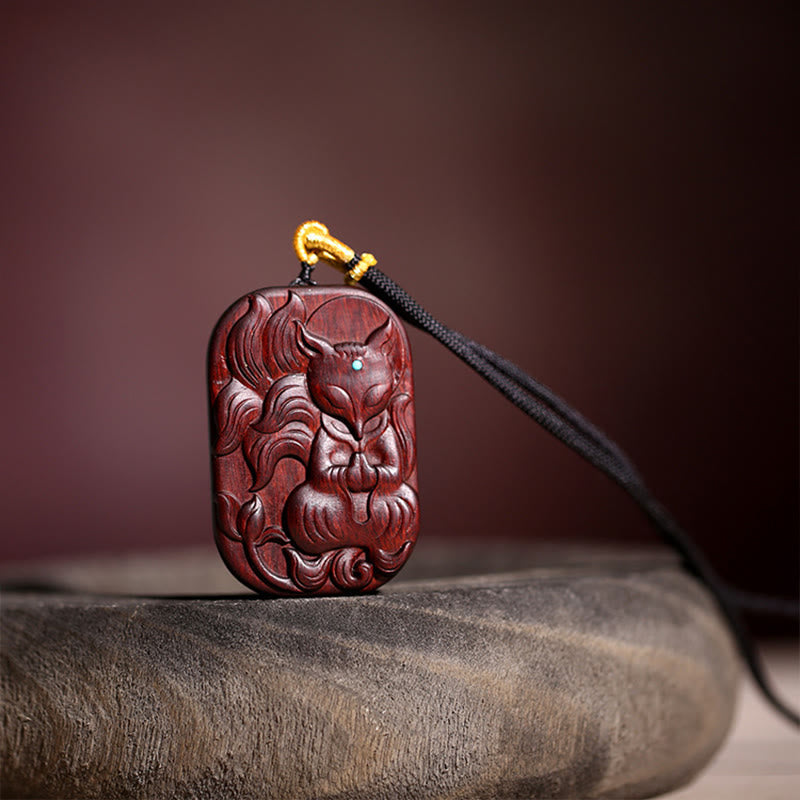 Nimara Ritual Small Leaf Red Sandalwood Nine Tailed Fox Pattern Longevity Necklace Pendant