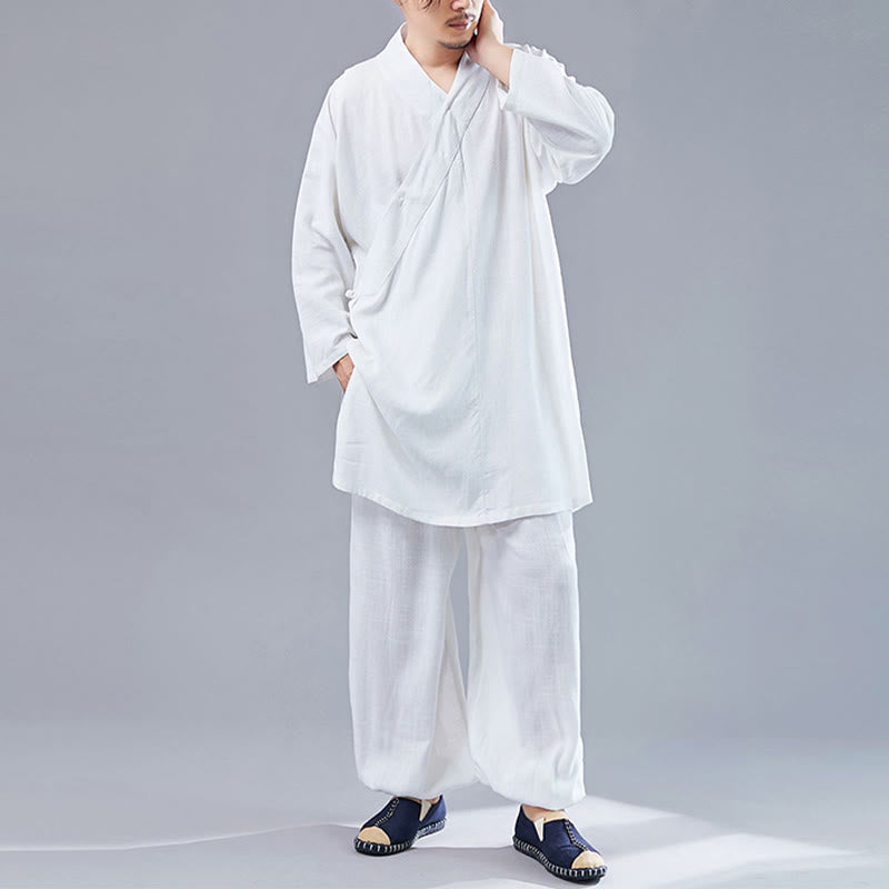Nimara Ritual 2Pcs V-Neck Men's Long Sleeve Shirt Top Pants Meditation Zen Tai Chi Cotton Linen Clothing Set