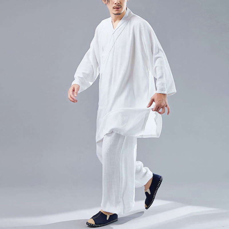 Nimara Ritual 2Pcs V-Neck Men's Long Sleeve Shirt Top Pants Meditation Zen Tai Chi Cotton Linen Clothing Set
