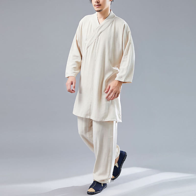 Nimara Ritual 2Pcs V-Neck Men's Long Sleeve Shirt Top Pants Meditation Zen Tai Chi Cotton Linen Clothing Set