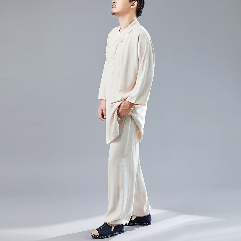 Nimara Ritual 2Pcs V-Neck Men's Long Sleeve Shirt Top Pants Meditation Zen Tai Chi Cotton Linen Clothing Set