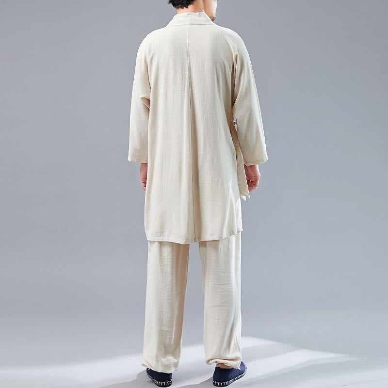 Nimara Ritual 2Pcs V-Neck Men's Long Sleeve Shirt Top Pants Meditation Zen Tai Chi Cotton Linen Clothing Set