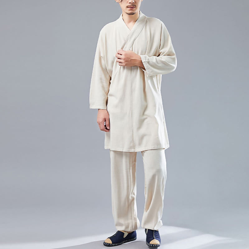 Nimara Ritual 2Pcs V-Neck Men's Long Sleeve Shirt Top Pants Meditation Zen Tai Chi Cotton Linen Clothing Set