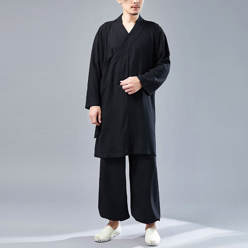 Nimara Ritual 2Pcs V-Neck Men's Long Sleeve Shirt Top Pants Meditation Zen Tai Chi Cotton Linen Clothing Set