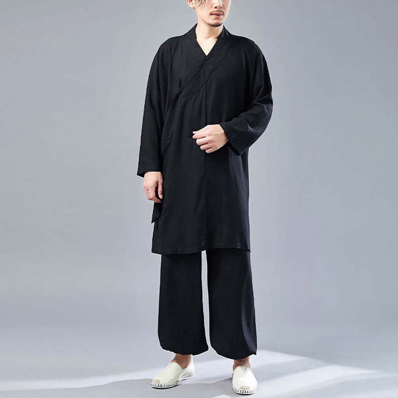 Nimara Ritual 2Pcs V-Neck Men's Long Sleeve Shirt Top Pants Meditation Zen Tai Chi Cotton Linen Clothing Set