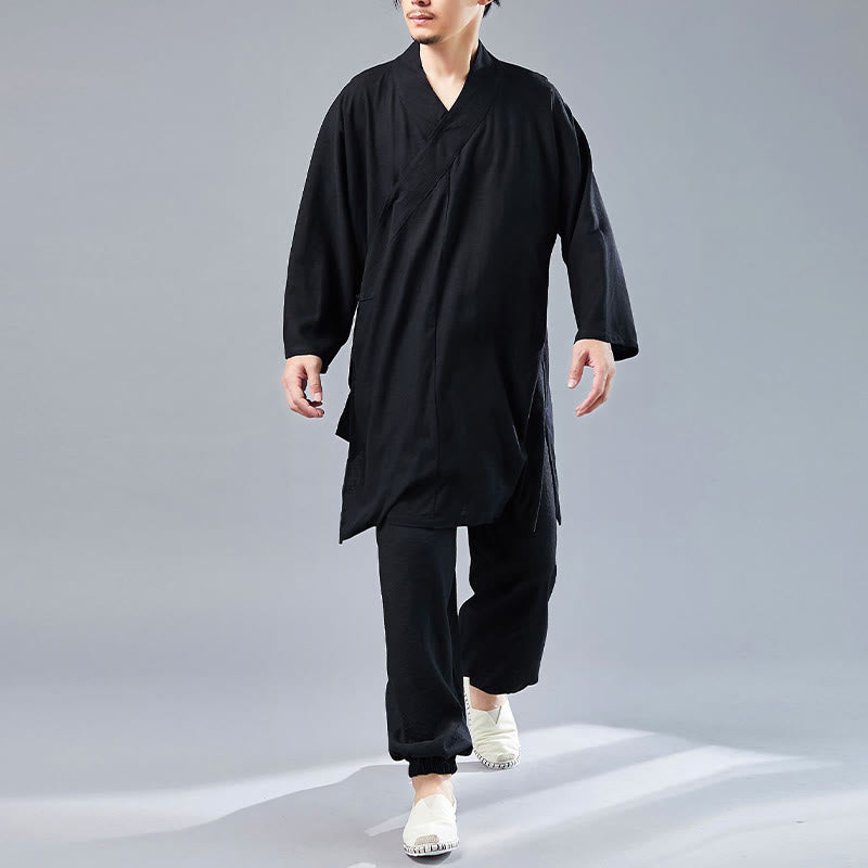 Nimara Ritual 2Pcs V-Neck Men's Long Sleeve Shirt Top Pants Meditation Zen Tai Chi Cotton Linen Clothing Set