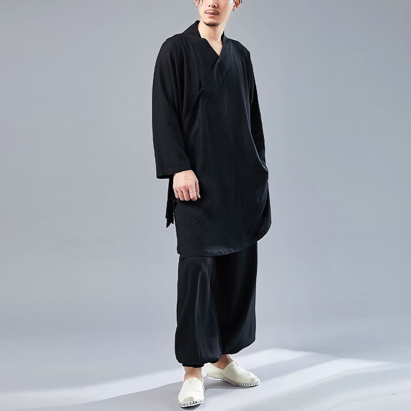 Nimara Ritual 2Pcs V-Neck Men's Long Sleeve Shirt Top Pants Meditation Zen Tai Chi Cotton Linen Clothing Set