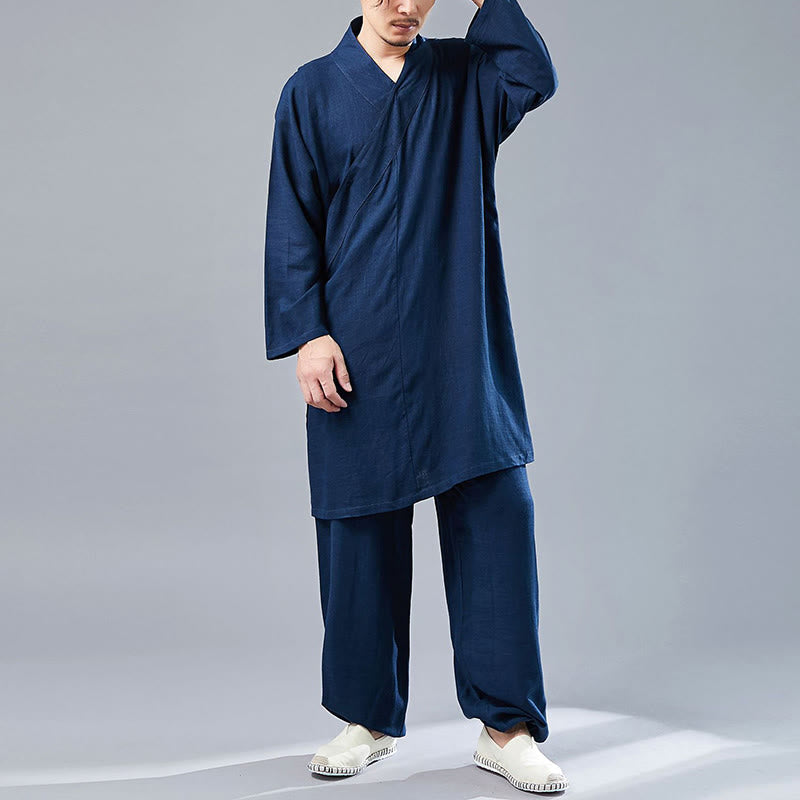 Nimara Ritual 2Pcs V-Neck Men's Long Sleeve Shirt Top Pants Meditation Zen Tai Chi Cotton Linen Clothing Set
