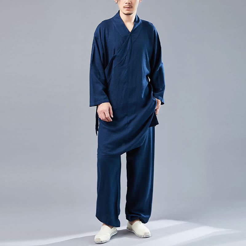 Nimara Ritual 2Pcs V-Neck Men's Long Sleeve Shirt Top Pants Meditation Zen Tai Chi Cotton Linen Clothing Set