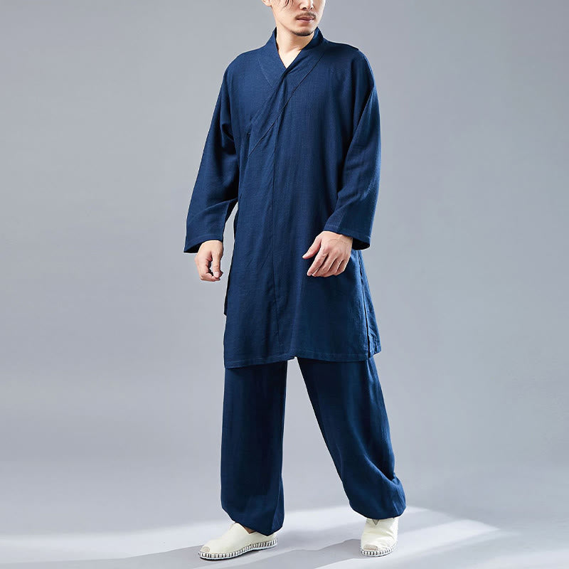 Nimara Ritual 2Pcs V-Neck Men's Long Sleeve Shirt Top Pants Meditation Zen Tai Chi Cotton Linen Clothing Set