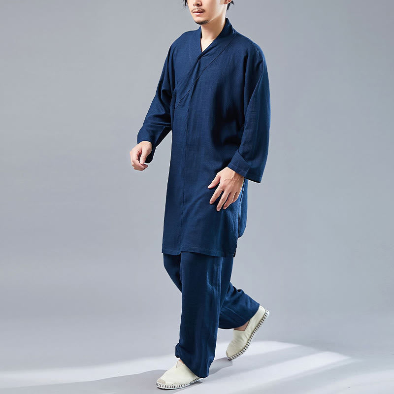 Nimara Ritual 2Pcs V-Neck Men's Long Sleeve Shirt Top Pants Meditation Zen Tai Chi Cotton Linen Clothing Set