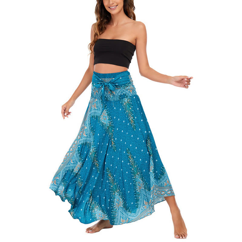 Nimara Ritual Two Style Wear Boho Summer Peacock Feather Lace-up Skirt Dress