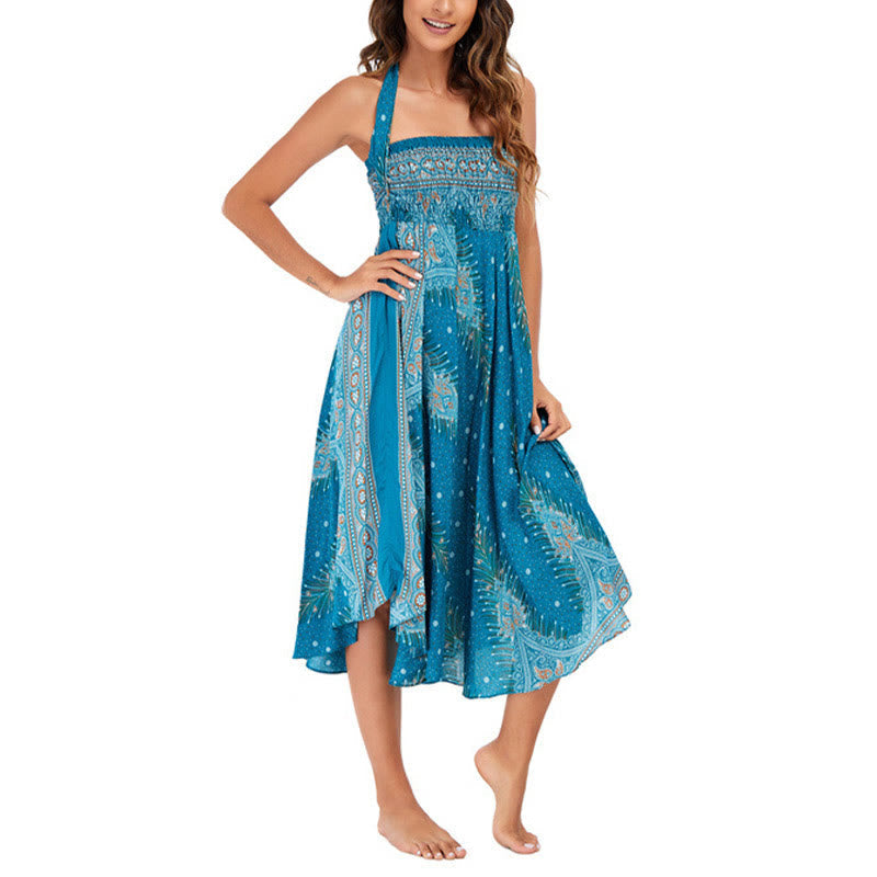 Nimara Ritual Two Style Wear Boho Summer Peacock Feather Lace-up Skirt Dress