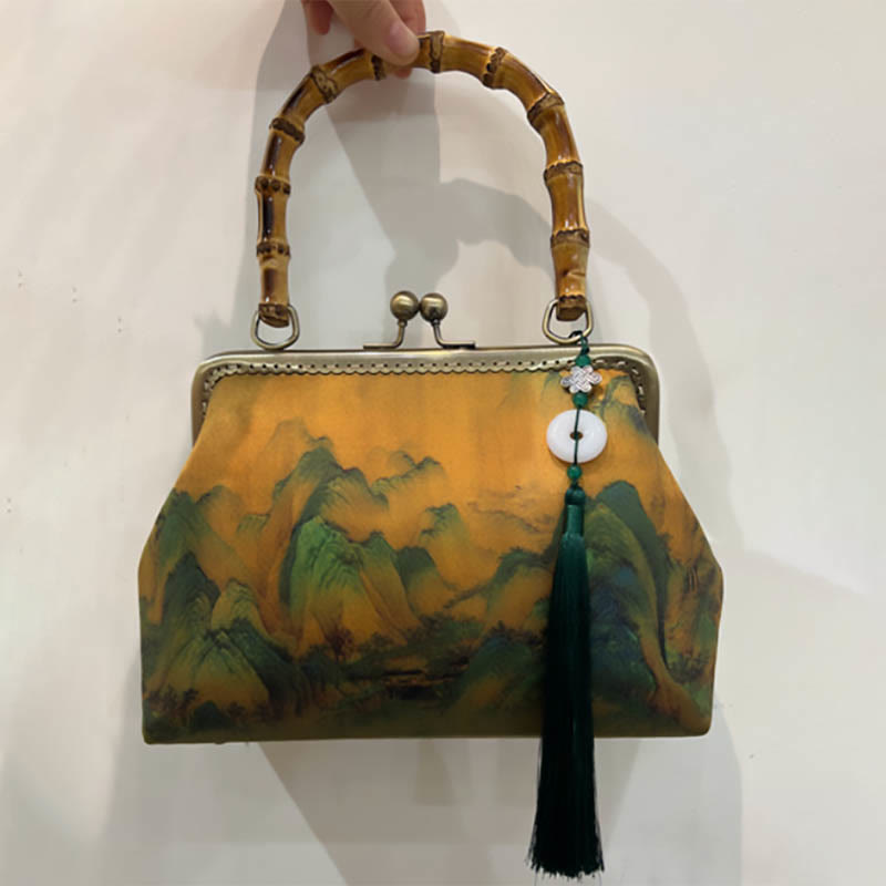Nimara Ritual Green Plants Mountains Bamboo Handle Metal Chain Crossbody Bag Handbags