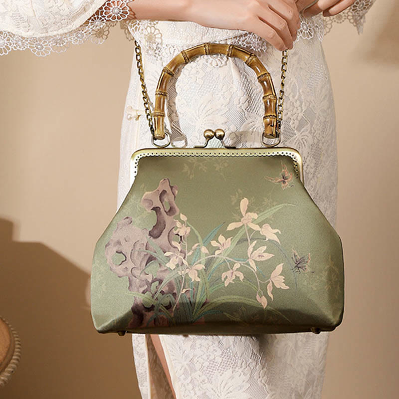 Nimara Ritual Green Plants Mountains Bamboo Handle Metal Chain Crossbody Bag Handbags