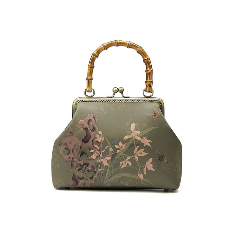 Nimara Ritual Green Plants Mountains Bamboo Handle Metal Chain Crossbody Bag Handbags
