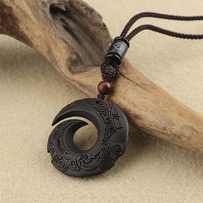 Nimara Ritual Ebony Wood Sandalwood One's Luck Improves Design Pattern Peace Necklace Pendant