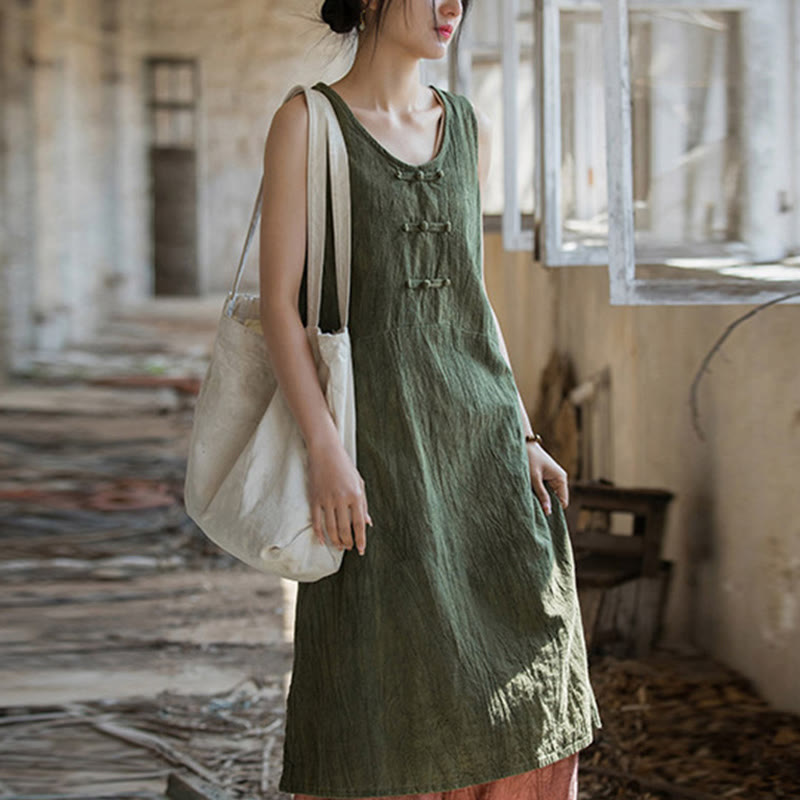 Nimara Ritual Frog-Button Ramie Linen Women's Sleeveless Knee Length Dress With Pockets