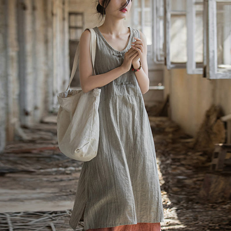 Nimara Ritual Frog-Button Ramie Linen Women's Sleeveless Knee Length Dress With Pockets