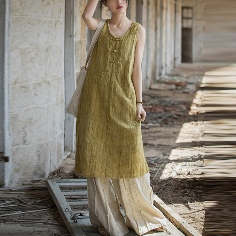 Nimara Ritual Frog-Button Ramie Linen Women's Sleeveless Knee Length Dress With Pockets