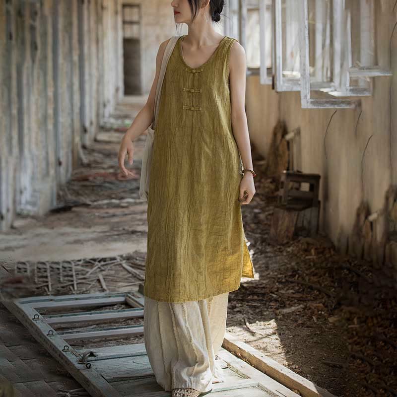 Nimara Ritual Frog-Button Ramie Linen Women's Sleeveless Knee Length Dress With Pockets