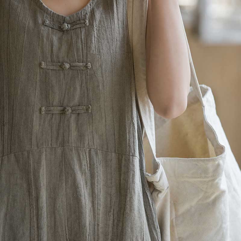 Nimara Ritual Frog-Button Ramie Linen Women's Sleeveless Knee Length Dress With Pockets
