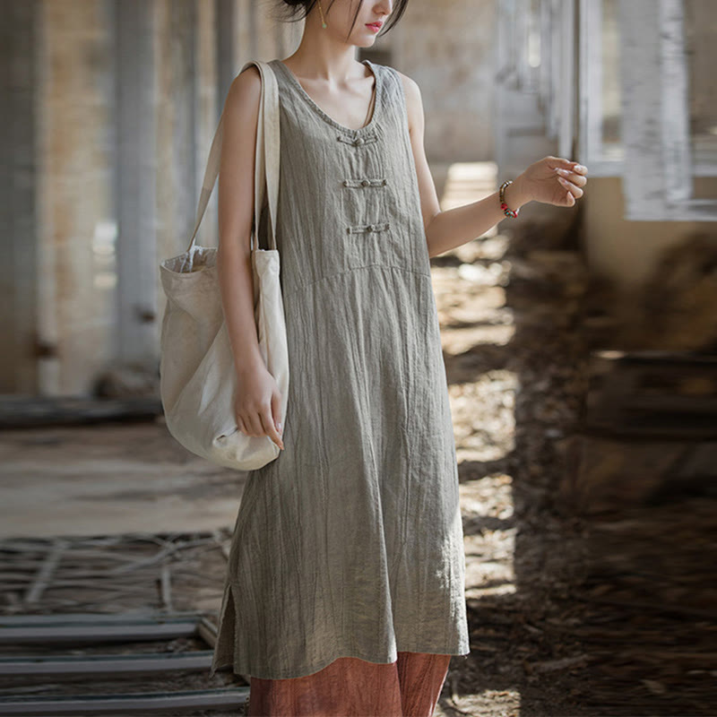 Nimara Ritual Frog-Button Ramie Linen Women's Sleeveless Knee Length Dress With Pockets