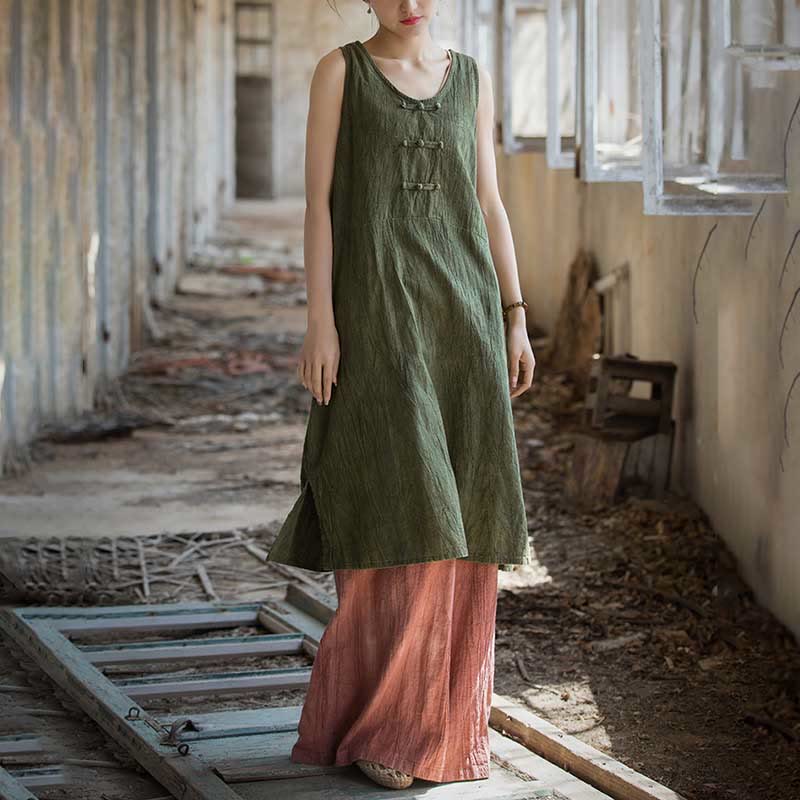 Nimara Ritual Frog-Button Ramie Linen Women's Sleeveless Knee Length Dress With Pockets