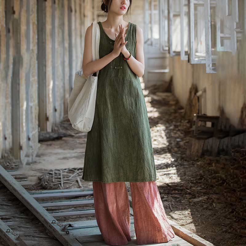 Nimara Ritual Frog-Button Ramie Linen Women's Sleeveless Knee Length Dress With Pockets