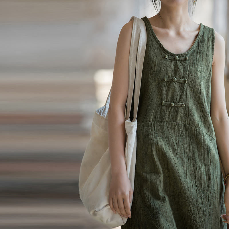 Nimara Ritual Frog-Button Ramie Linen Women's Sleeveless Knee Length Dress With Pockets