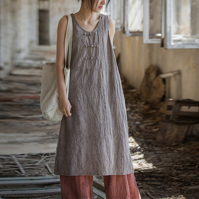 Nimara Ritual Frog-Button Ramie Linen Women's Sleeveless Knee Length Dress With Pockets